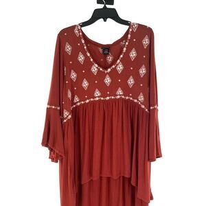Torrid Top Women Size 2X Boho OrangeLong Bell Sleeves Embroidered Diamond V-Neck